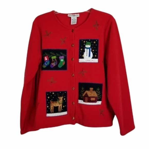 Boxy Fleece Cardigan Shirt Jacket Button Christmas Red Soft Snowman Winter Scene - Picture 1 of 7
